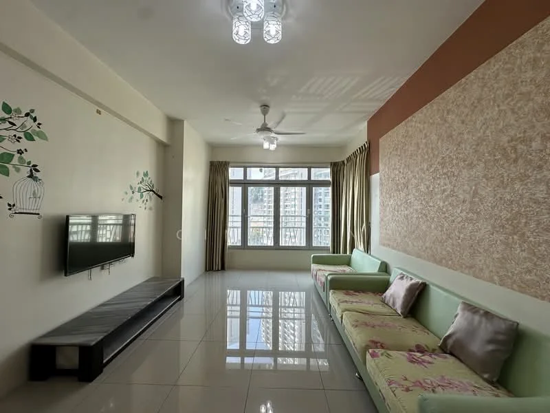 Living features: floor-to-ceiling windows, 3-seater sofa in green with floral pattern, wall-mounted TV, light-colored wall with decorative panel, cream painted walls, glossy tile flooring, ceiling fan with light, curtains, decorative wall art with birdcage design, recessed lighting; style: modern; view: city.