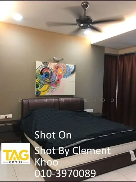 Bedroom features: king-size bed, upholstered headboard, bedside lamps, ceiling fan, decorative wall art, dark brown curtains, cream painted walls, wooden flooring, nightstands, wall-mounted light fixture; style: modern.