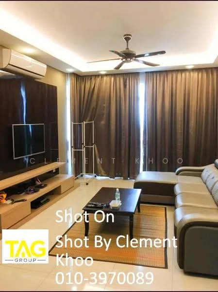 Living features: 3-seater leather sofa, coffee table, TV console, wall-mounted TV, floor-to-ceiling windows, sheer curtains, wall-mounted split AC, ceiling fan with light, light-colored tile flooring, decorative wall panel, area rug; style: modern.