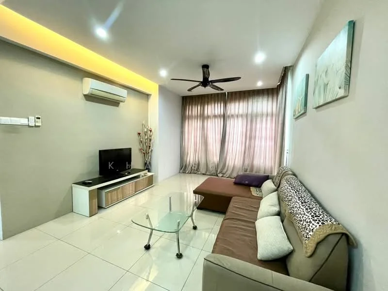 Living features: 3-seater fabric sofa in beige, 2-seater fabric sofa in brown, glass coffee table, wall-mounted TV, TV console with storage, floor-to-ceiling windows with sheer curtains, recessed LED downlights, ceiling fan with light, cream painted walls, glossy tile flooring; style: modern.