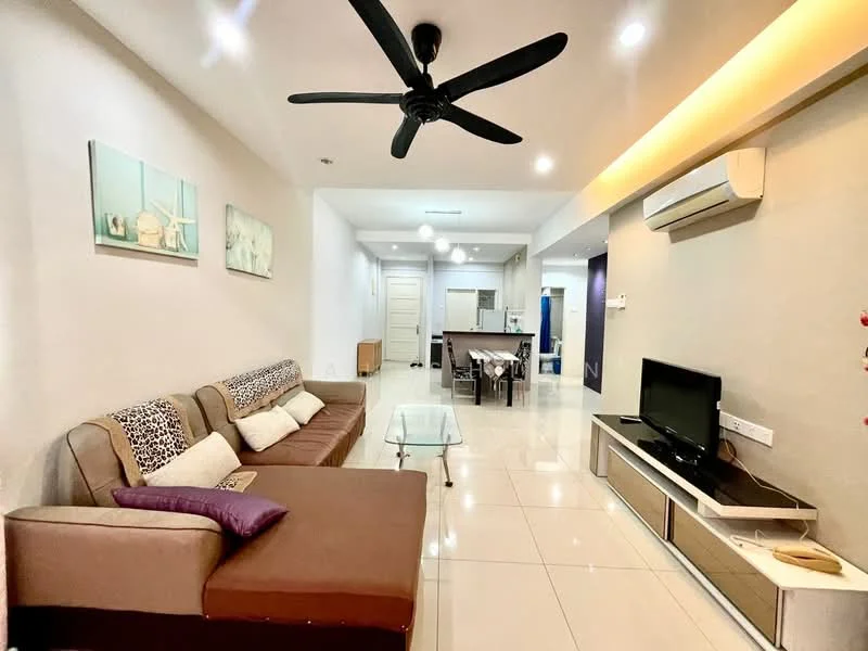 Living features: 3-seater fabric sofa in brown, accent pillows, glass coffee table, wall-mounted TV, TV console with storage, ceiling fan with light, recessed LED downlights, cream painted walls, white tiled flooring, decorative artwork on walls, air conditioning unit; style: modern.