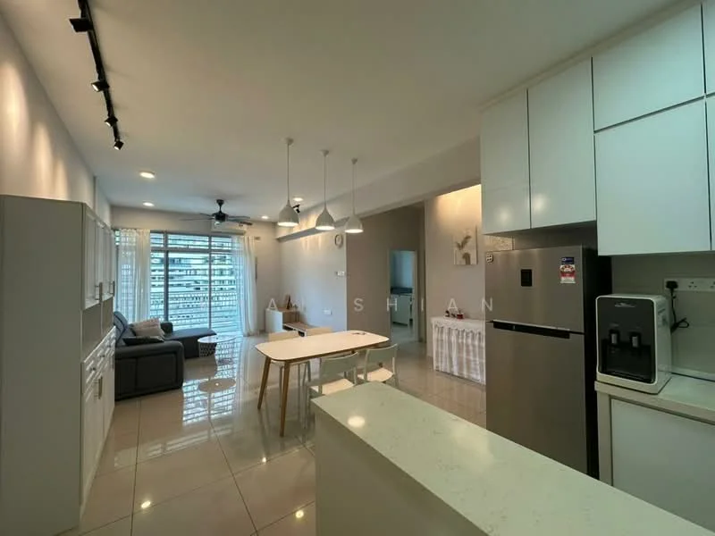 Kitchen features: white cabinetry, marble countertop, stainless-steel fridge, built-in oven, 4-burner gas hob, single-bowl stainless-steel sink, chrome pull-down faucet, pendant lighting, recessed downlights, open shelving, tile flooring, wall-mounted split AC; style: modern; view: city. Living features: 3-seater fabric sofa in grey, coffee table, TV console, wall-mounted TV, area rug, floor-to-ceiling windows, sheer curtains, ceiling fan with light, tile flooring; style: modern; view: city. Dining features: round dining table, 4 dining chairs, pendant lighting, tile flooring; style: modern; view: city.