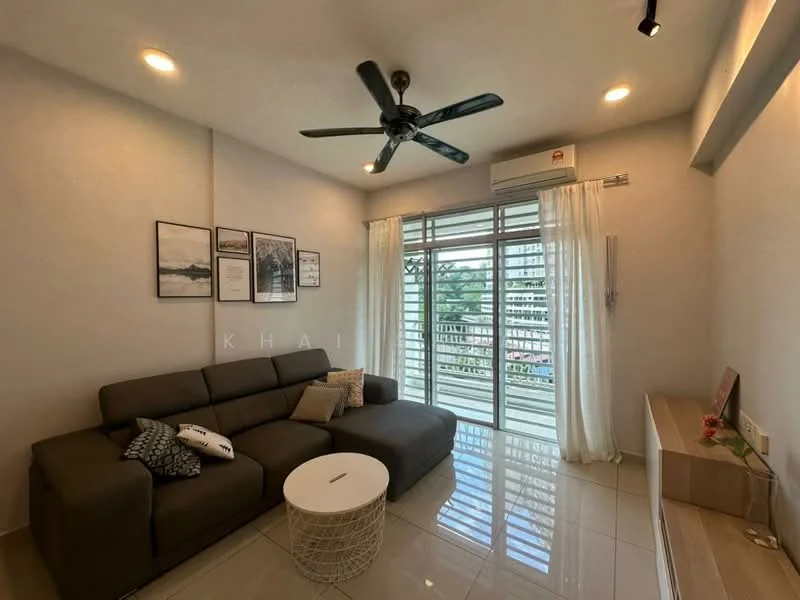 Living features: 3-seater fabric sofa in grey, coffee table, floor-to-ceiling windows, sheer curtains, ceiling fan, wall-mounted air conditioning unit, light-colored walls, glossy tile flooring, decorative wall art, wooden console table; style: modern; view: city.