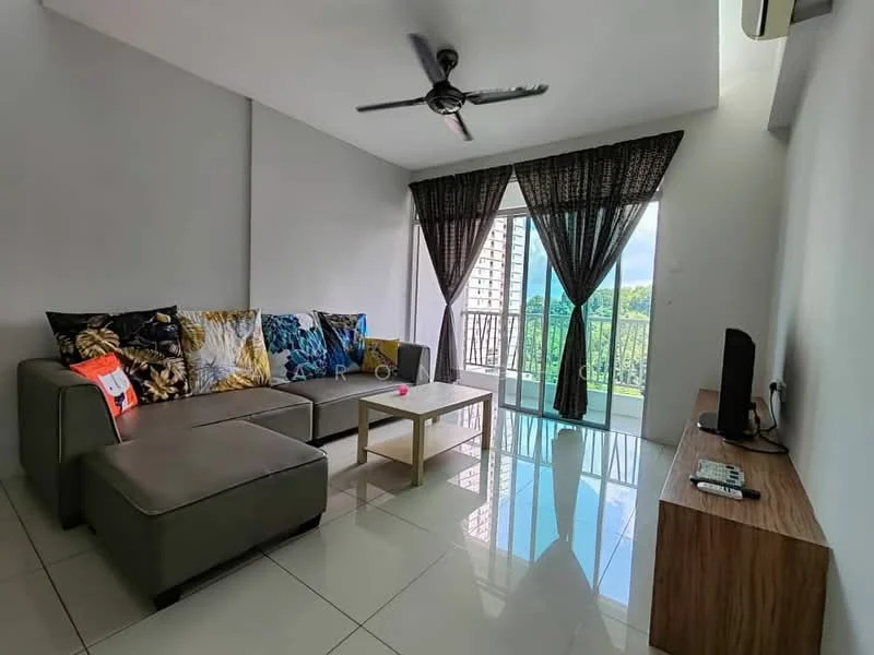 Living features: 3-seater fabric sofa in grey, decorative throw pillows with floral pattern, wooden coffee table, wall-mounted TV, TV console, floor-to-ceiling sliding glass door, curtains with floral pattern, ceiling fan, glossy tile flooring, natural light from balcony, balcony view of greenery; style: modern; view: garden.
