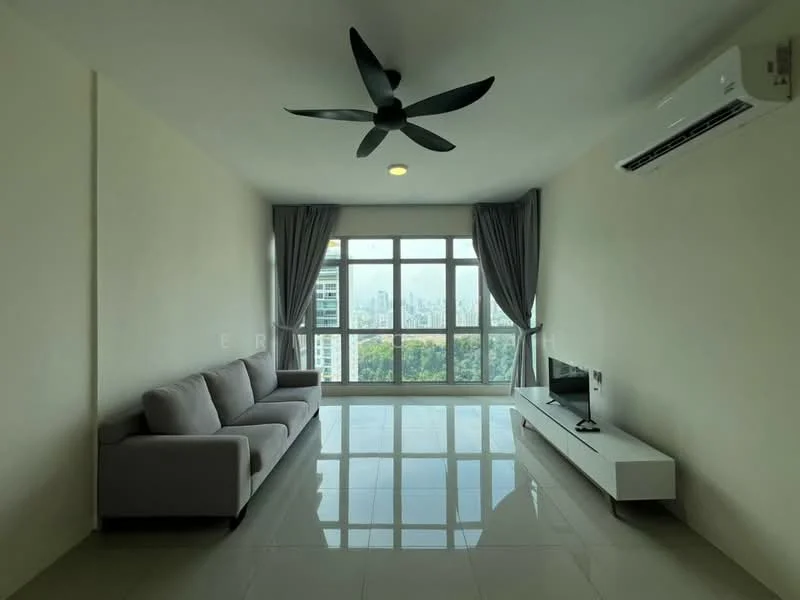 Living features: 3-seater fabric sofa in light grey, floor-to-ceiling windows, city view, white painted walls, polished tile flooring, 5-blade ceiling fan with light, wall-mounted TV, white TV console, curtains in grey, recessed downlights; style: modern; view: city.