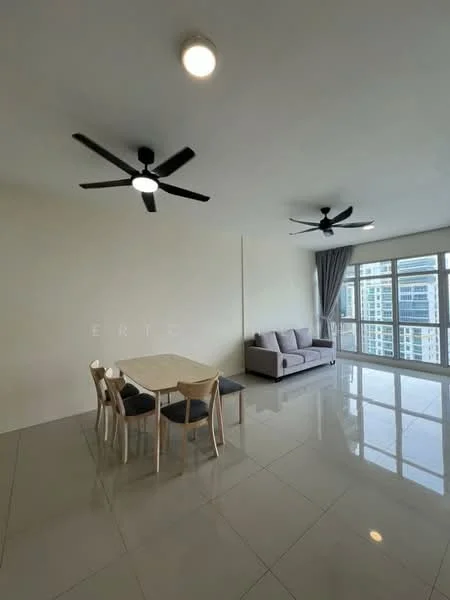 Living features: 2 ceiling fans, grey fabric sofa, 4-seater dining table, wooden dining chairs, large floor-to-ceiling windows, curtains, glossy tile flooring, neutral painted walls; style: modern; view: city.