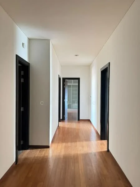 Hallway features: wooden flooring, white painted walls, black door frames, recessed ceiling lights, natural light from windows, straight corridor layout; style: modern.