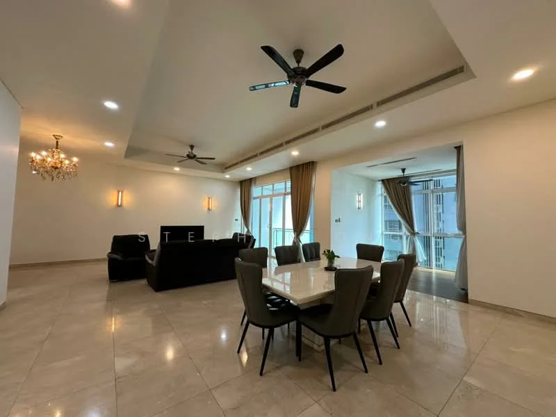 Living features: marble tile flooring, 5-blade ceiling fan with light, chandelier, floor-to-ceiling windows, sliding glass door, curtains, black leather sofa, coffee table, TV console, area rug, dining table with 8 chairs, wall-mounted TV; style: modern; view: city.