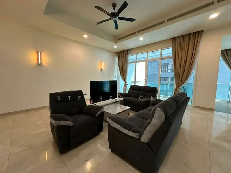 Living features: 5-blade ceiling fan with light, sofa in dark fabric with grey cushions, 2 armchairs in dark fabric, glass coffee table, wall-mounted TV, floor-to-ceiling windows, curtains in beige, light-colored marble flooring, wall sconces, neutral painted walls; style: modern.