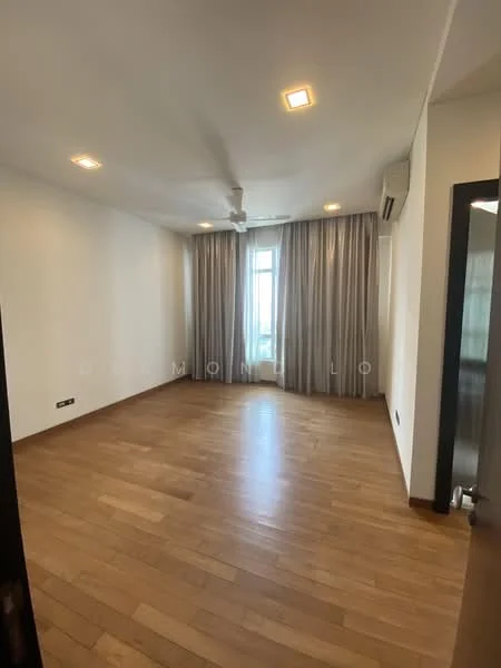 Room features: wooden flooring, white painted walls, recessed downlights, 5-blade ceiling fan, floor-to-ceiling windows, sheer curtains, air conditioning unit, neutral color scheme; style: modern.