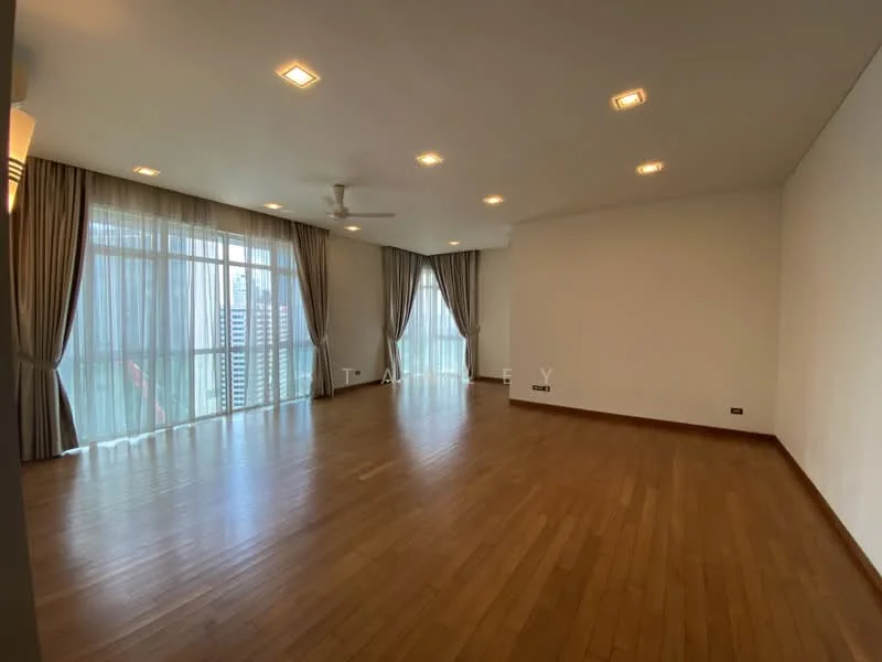 Living features: wooden flooring, white painted walls, recessed downlights, 5-blade ceiling fan, floor-to-ceiling windows, sheer curtains, balcony access, open layout; style: modern; view: city.