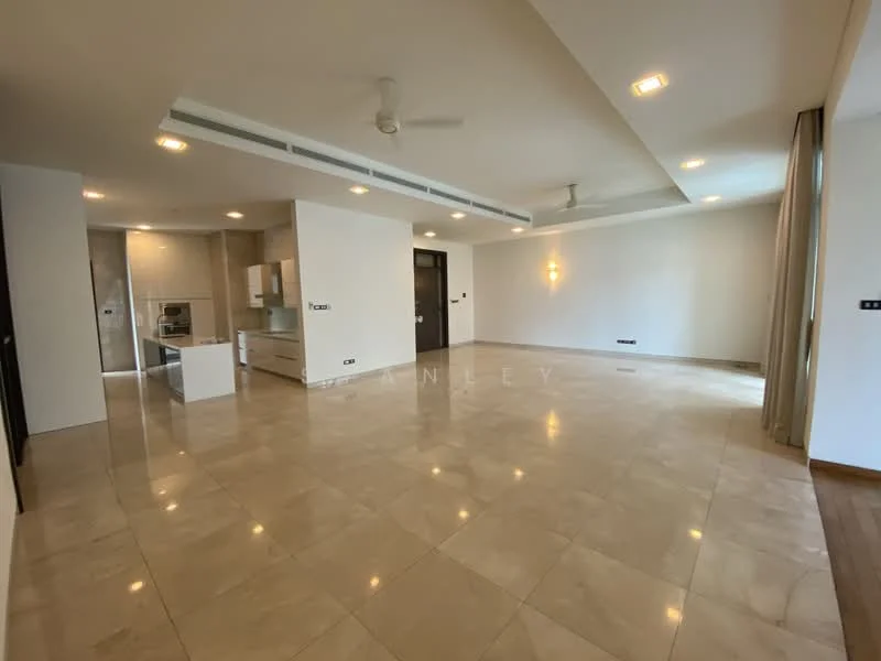 Living features: marble tile flooring, white painted walls, recessed downlights, 5-blade ceiling fan, large windows, open layout, neutral color scheme, sliding glass door, curtains, wall-mounted TV, decorative wall sconce; style: modern. Kitchen features: white cabinetry, stainless-steel appliances, kitchen island, granite countertop, built-in oven, microwave, 4-burner gas hob, double-bowl stainless-steel sink, chrome pull-down faucet; style: modern.