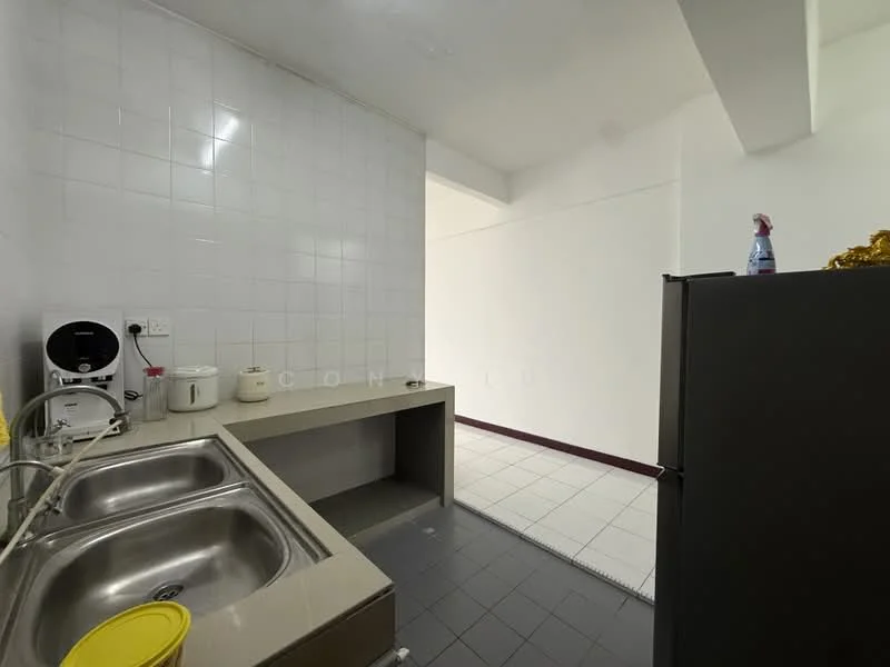 Kitchen features: double-bowl stainless-steel sink, chrome pull-down faucet, grey laminate countertop, white tiled walls, grey tile flooring, built-in cabinetry, refrigerator, microwave, kettle; style: modern.