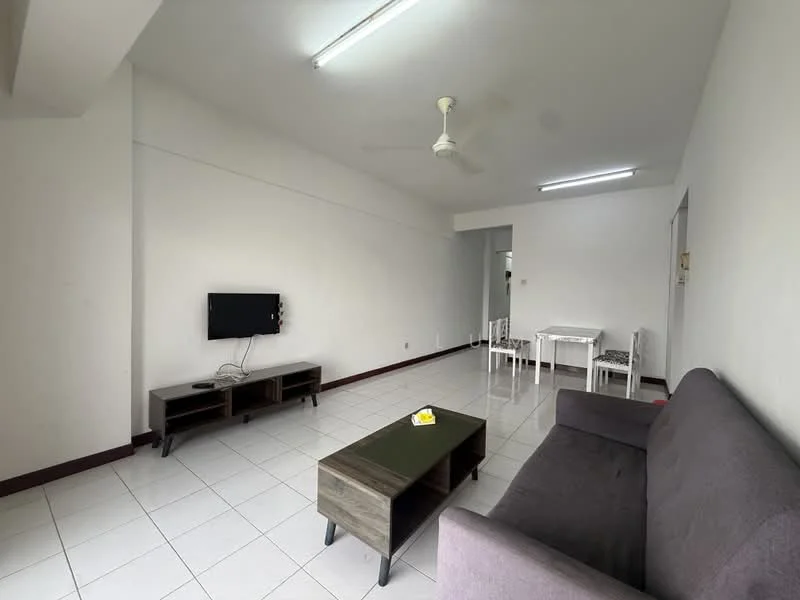 Living features: grey fabric sofa, wooden coffee table, wall-mounted TV, TV console, white tiled flooring, ceiling fan, recessed lighting, neutral painted walls, dining table with chairs in background; style: modern.