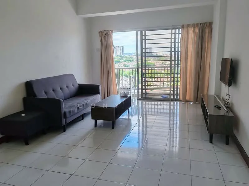 Living features: grey fabric 3-seater sofa, wood coffee table, TV console, wall-mounted TV, floor-to-ceiling windows, curtains, glossy white tile flooring, city view; style: modern; view: city.