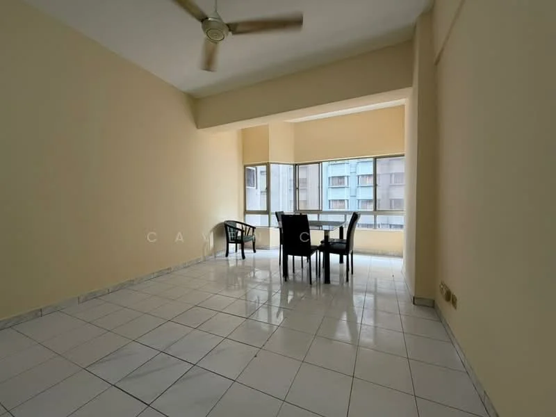 Room features: cream painted walls, white tiled flooring, 5-blade ceiling fan, large windows, dining table with four chairs, natural light from windows; style: modern; view: city.