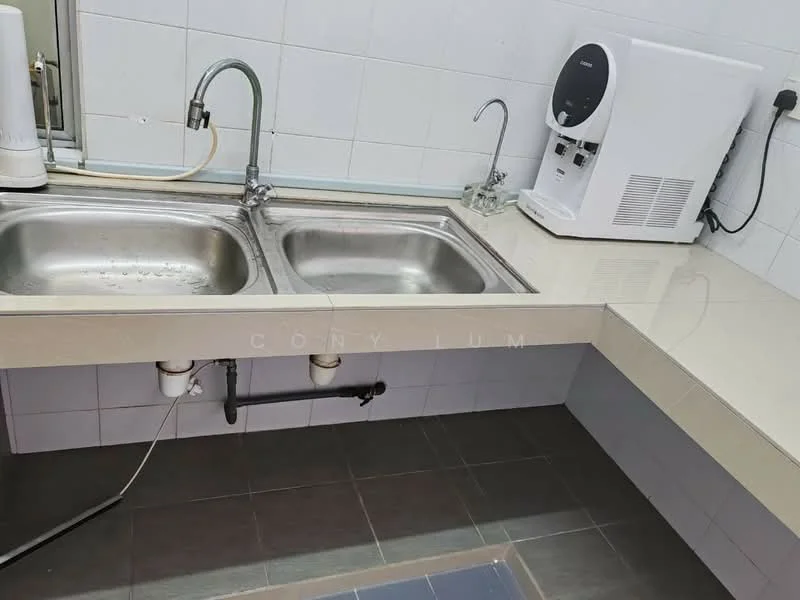 Kitchen features: double-bowl stainless-steel sink, chrome pull-down faucet, white laminate countertop, white tiled backsplash, built-in water dispenser, grey ceramic tile flooring, under-sink plumbing, wall-mounted cabinet, window for natural light; style: modern.