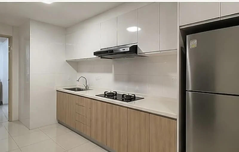 Kitchen features: white glossy cabinets, light wood cabinetry, white countertop, stainless-steel sink, chrome pull-down faucet, built-in gas hob with two burners, stainless-steel range hood, fridge, white tiled backsplash, ceramic tile flooring, recessed downlights; style: modern.