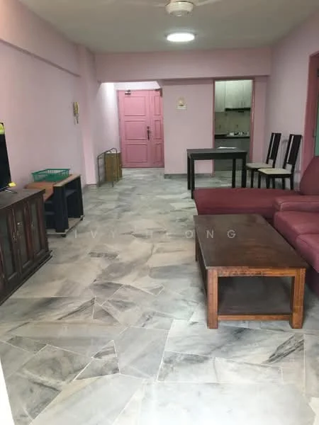 Living features: pink painted walls, marble flooring, ceiling light, 3-seater leather sofa in burgundy, wooden coffee table, TV console, wall-mounted TV, 4 dining chairs, dining table, open layout to kitchen, doorway to hallway, basket for storage.