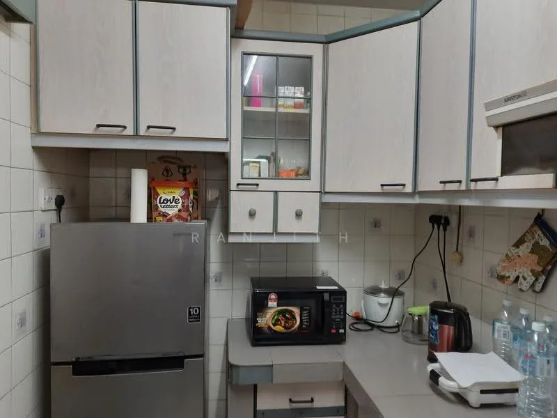 Kitchen features: grey laminate cabinetry, glass-front upper cabinets, stainless-steel fridge, built-in microwave, countertop with grey surface, kettle, toaster, bottled water, wall tiles with white grout, under-cabinet lighting; style: modern.