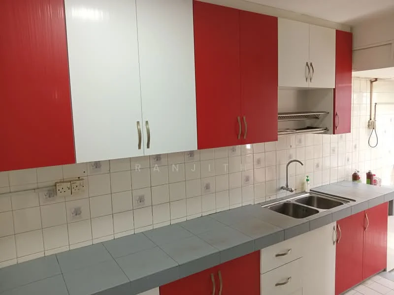 Kitchen features: red and white cabinetry, double-bowl stainless-steel sink, chrome pull-down faucet, grey laminate countertop, white tiled backsplash, built-in range hood, wall-mounted storage, tile flooring; style: modern.