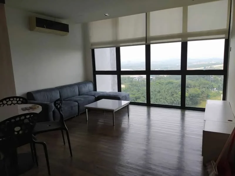 Living features: grey fabric L-shape sectional sofa, white coffee table, floor-to-ceiling windows, wooden flooring, air conditioning unit, black dining chairs, round dining table, view of greenery; style: modern; view: garden.
