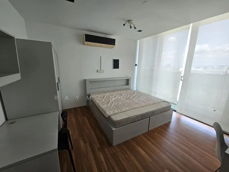 Bedroom features: queen-size bed, light wood flooring, white painted walls, ceiling-mounted air conditioning unit, recessed ceiling lights, floor-to-ceiling windows, sheer curtains, built-in wardrobe, study desk, chair; style: modern; view: city.