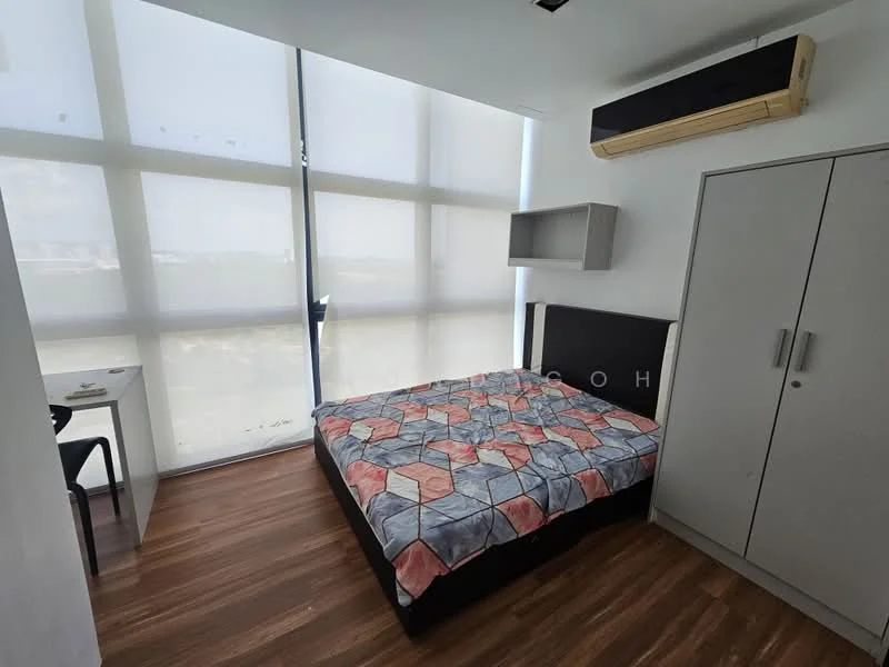 Bedroom features: queen-size bed with patterned bedding, wooden flooring, floor-to-ceiling windows, sheer window treatments, wall-mounted air conditioning unit, built-in wardrobe, study desk with chair, wall-mounted shelf; style: modern; view: city.