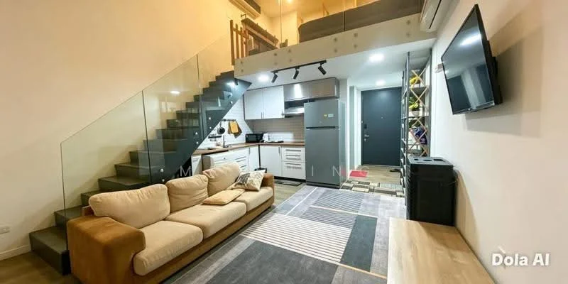 Living features: 3-seater fabric sofa in beige and brown, area rug with striped pattern, wall-mounted TV, glass railing staircase, recessed downlights, wooden flooring, open-plan layout with kitchen, kitchen island, black trash bin, decorative wall art; style: modern. Kitchen features: white cabinetry, stainless-steel fridge, built-in oven, 4-burner gas hob, black countertop, ceramic tile backsplash, microwave, sink with chrome faucet; style: modern.
