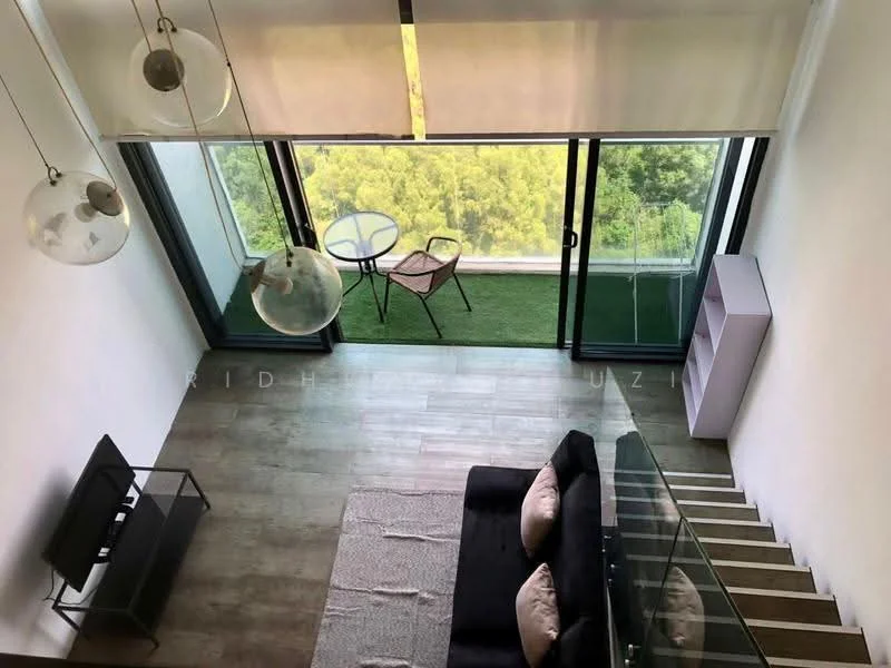 Living features: floor-to-ceiling windows, black fabric sofa, area rug, TV console, hanging pendant lights, wooden flooring, glass balcony railing, outdoor seating area with chairs and table, greenery view; style: modern; view: garden.