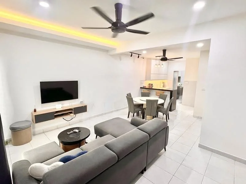 Living features: 3-seater fabric sofa in grey, coffee table, wall-mounted TV, ceiling fan, LED strip lighting, white painted walls, tile flooring, area rug, open layout to dining and kitchen; style: modern. Dining features: round dining table, upholstered dining chairs, ceiling fan, white painted walls, tile flooring, open layout to living area, kitchen visible in background; style: modern. Kitchen features: kitchen island, stainless-steel appliances, white cabinetry, tile backsplash, open layout to dining area, white painted walls, tile flooring; style: modern.