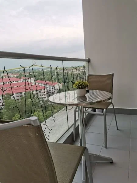 Balcony features: glass railing, outdoor table, two chairs, decorative plant in pot, string lights, grey tiled flooring, view of surrounding buildings, view of greenery; style: modern; view: city.