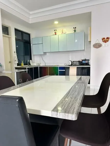 Dining features: marble dining table, black upholstered dining chairs, white tiled flooring, wall-mounted cabinets with glass doors, kitchen appliances visible, countertop with a glossy finish, decorative items on cabinets, window with black frames; style: modern. Kitchen features: white cabinetry, kitchen appliances visible, countertop with a glossy finish; style: modern.