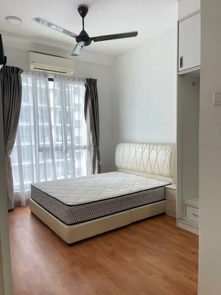 Bedroom features: queen-size bed with upholstered headboard, white bed frame, wooden flooring, floor-to-ceiling windows with sheer curtains, wall-mounted air conditioning unit, ceiling fan, built-in wardrobe, light-colored walls; style: modern.