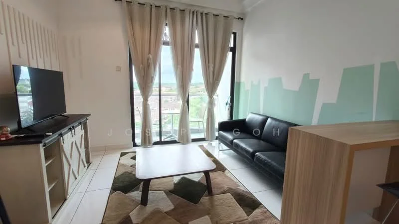 Living features: black leather sofa, wood coffee table, TV console, wall-mounted TV, floor-to-ceiling windows, curtains, geometric area rug, white painted walls, green accent wall, tile flooring; style: modern; view: city.