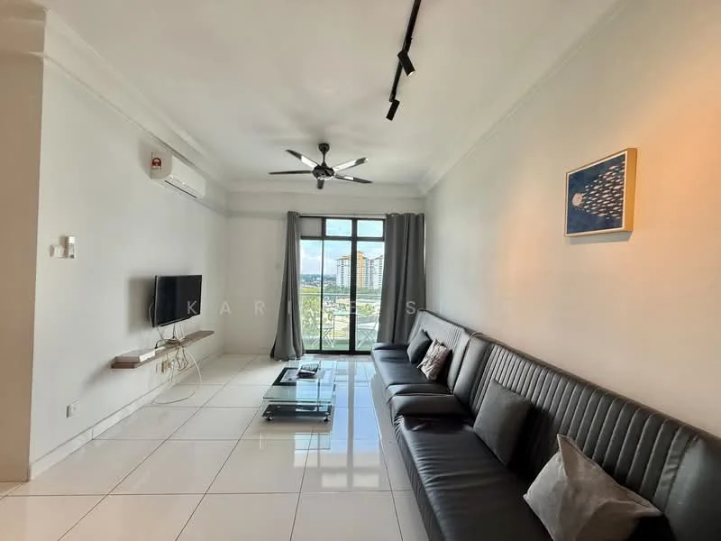 Living features: grey leather sofa, glass coffee table, wall-mounted TV, white painted walls, white ceiling, recessed downlights, 5-blade ceiling fan with light, floor-to-ceiling windows, sliding glass door, white tiled flooring, decorative artwork on wall; style: modern; view: city.