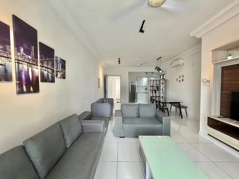 Living features: grey fabric 3-seater sofa, grey fabric 2-seater sofa, light green coffee table, wall-mounted TV, TV console, white painted walls, recessed downlights, ceiling fan, large windows with sheer curtains, decorative wall art, tile flooring; style: modern. Room features: dining table with chairs, stainless-steel fridge, open layout to kitchen.