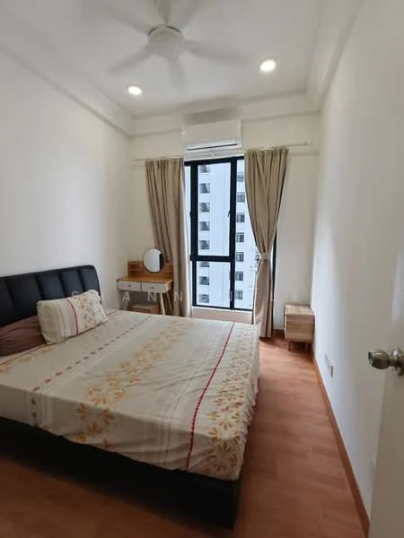 Bedroom features: queen-size bed with floral bedding, black upholstered headboard, wooden bedside table, white lamp on bedside table, floor-to-ceiling window, sheer curtains, wooden flooring, ceiling fan with light, decorative wall art; style: modern; view: city.
