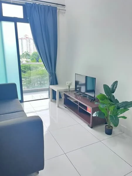 Living features: grey fabric sofa, white coffee table, TV console, wall-mounted TV, large sliding glass door, floor-to-ceiling windows, blue curtains, white tiled flooring, indoor plant in pot, decorative vase; style: modern; view: garden.