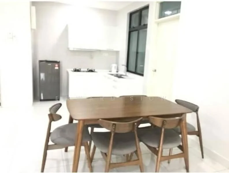 Kitchen features: white cabinetry, stainless-steel fridge, built-in gas hob, white countertop, white backsplash, dining table with six chairs, ceramic tile flooring, large window for natural light; style: modern.