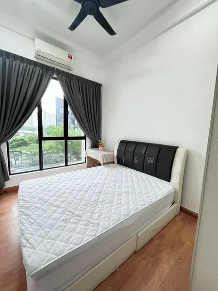 Bedroom features: queen-size bed, upholstered headboard, wood flooring, floor-to-ceiling windows, blackout curtains, 1 wall-mounted split AC, ceiling fan, nightstand, decorative plant, white painted walls; style: modern; view: city.