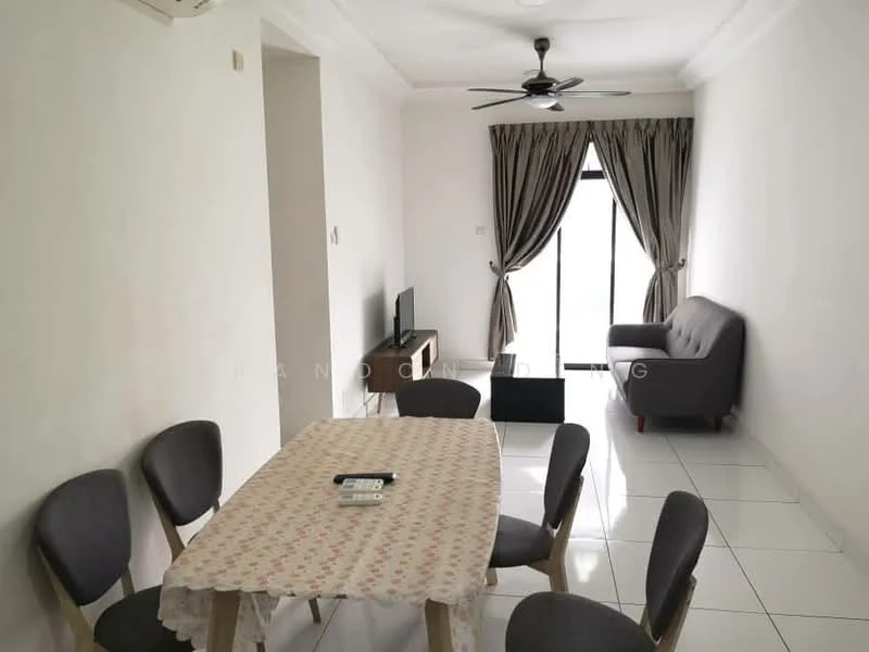 Dining features: 4-seater dining table with floral tablecloth, grey upholstered dining chairs, floor-to-ceiling windows, sliding glass door, curtains, white painted walls, white ceiling, ceiling fan with light, tile flooring, TV console, wall-mounted TV, sofa in grey fabric; style: modern.