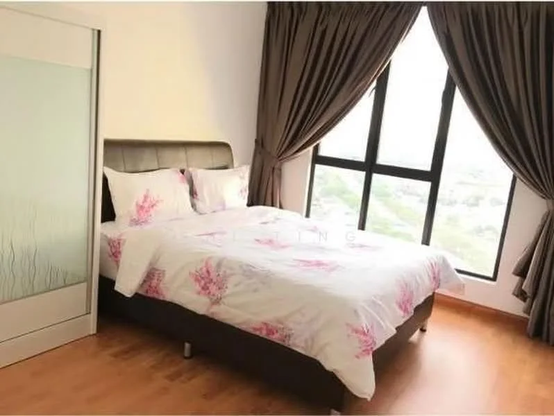 Bedroom features: king-size bed with upholstered headboard, bedding with floral pattern, floor-to-ceiling windows, curtains in brown, wooden flooring, decorative wall panel, nightstand, wall-mounted light fixture; style: modern; view: city.