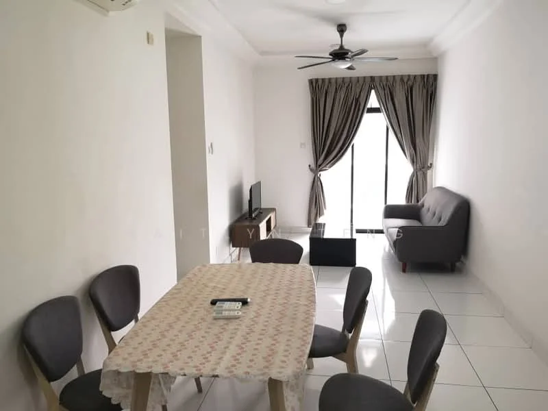 Dining features: white painted walls, white ceiling, 5-blade ceiling fan, dining table with floral tablecloth, 4 grey upholstered dining chairs, tile flooring, wall-mounted TV, sliding glass door, curtains, sofa in grey fabric; style: modern.