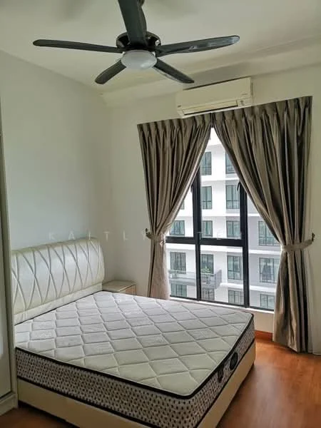 Bedroom features: queen-size bed, upholstered headboard, wooden bedside table, floor-to-ceiling windows, sheer curtains, blackout curtains, wall-mounted split AC, 5-blade ceiling fan with light, wooden flooring, white painted walls; style: modern; view: city.