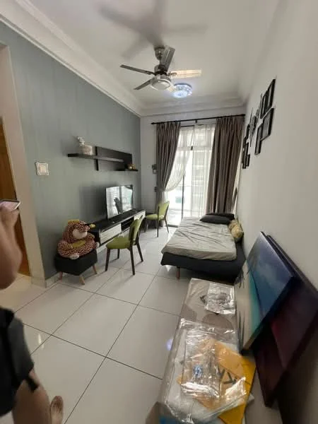 Living features: white painted walls, tile flooring, 5-blade ceiling fan with light, sofa bed, TV console, wall-mounted TV, decorative wall shelves, curtains, area rug, decorative wall frames, green chairs; style: modern.