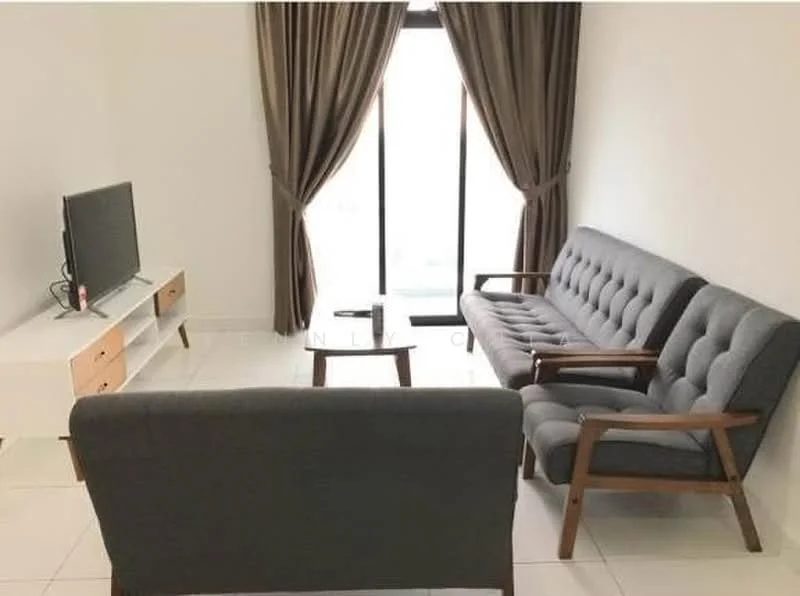 Living features: grey fabric 3-seater sofa, grey fabric armchair, wooden coffee table, white TV console with wooden legs, wall-mounted TV, floor-to-ceiling windows, brown curtains, white tiled flooring, neutral painted walls; style: modern.