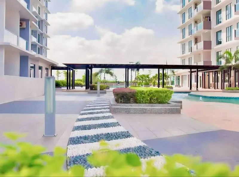 Exterior type: mid-rise condominium; features: swimming pool, pool deck with loungers, landscaped garden, manicured lawn, paved walkway, outdoor seating area, modern architectural design, surrounded by palm trees; style: modern.