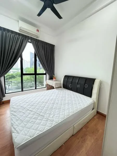 Bedroom features: queen-size bed, upholstered headboard, wooden flooring, floor-to-ceiling windows, blackout curtains, 1 wall-mounted split AC, ceiling fan, nightstand, decorative plant, white painted walls; style: modern; view: city.