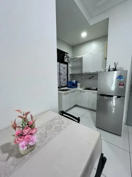 Kitchen features: white cabinets, stainless-steel fridge, built-in stove, white tiled backsplash, grey countertop, sink, wall-mounted cabinets, floor tiles, dining table with tablecloth, decorative flower arrangement; style: modern.